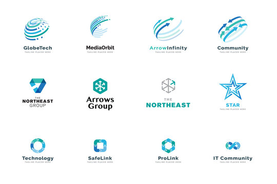 Set of logo design templates. Vector illustrations on the topic of business, technology, network, social media, Internet community, logistics.