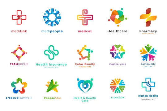 Set of logo design templates. Vector illustrations on the topic of medicine, health, healthcare, e-doctor, pharmacy, insurance.
