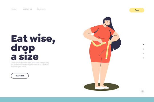 Weight loss landing page concept with plus size woman measure waist with measuring tape