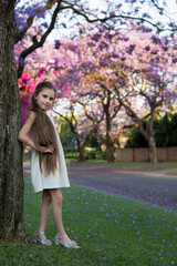 A little cute girl with long hair in a white dress stands on the street with blooming jacaranda...