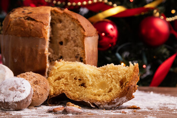 christmas panettone on rustic wooden table