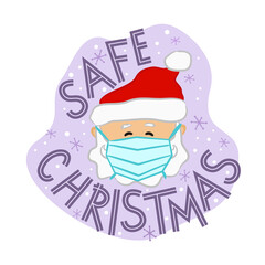 Santa Claus in protective medical mask. Safe Christmas logo. Emblem for New Year holiday design isolated on white background.Vector illustration