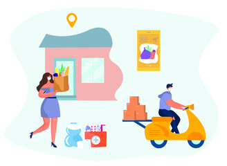 No Contact Home Delivery During Coronavirus.Express Delivery Food and Drug on Moped or Scooter During Quarantine.Online Shopping.Character in Mask Leaves Food.Social Distance.Flat Vector Illustration