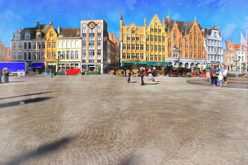 Vintage square and houses colorful painting looks like picture, Bruges, Belgium.