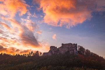 Fall landscape at sunset. The medieval castle Lietava and surrounding landscape nearby Zilina town, Slovakia, Europe.