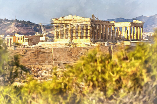 Parthenon Temple Colorful Painting Looks Like Picture, Athens, Greece.