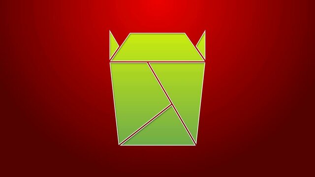 Green line Chinese restaurant opened take out box filled icon isolated on red background. Take away food. 4K Video motion graphic animation
