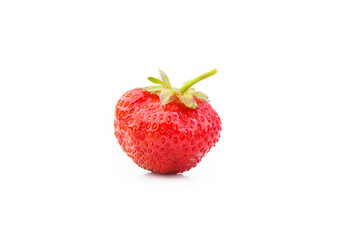One strawberries with strawberry leaf on white background.
