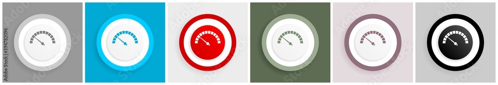 Poster Speed meter, fast indicator icon set, colorful flat design vector illustrations in 6 options for web design and mobile applications