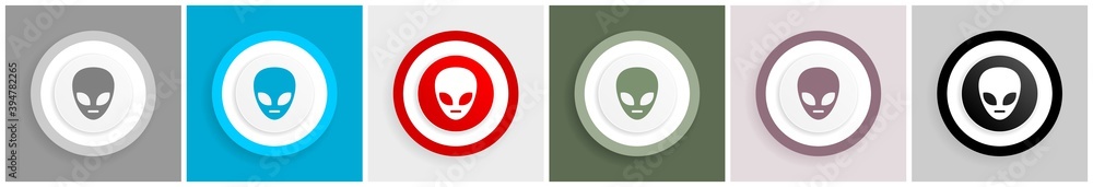Poster Alien face icon set, colorful flat design vector illustrations in 6 options for web design and mobile applications