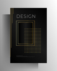 Cover design template for book, magazine, booklet, brochure, catalog, poster. Austere black pattern with geometric gold and white lines and dots. 10 EPS vector.