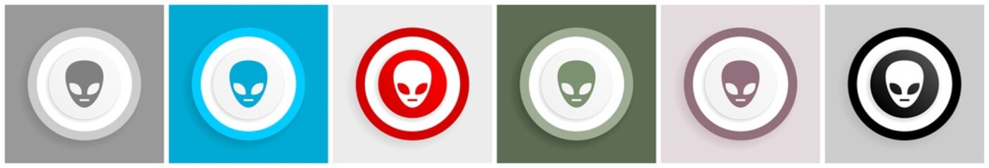 Alien face icon set, colorful flat design vector illustrations in 6 options for web design and mobile applications