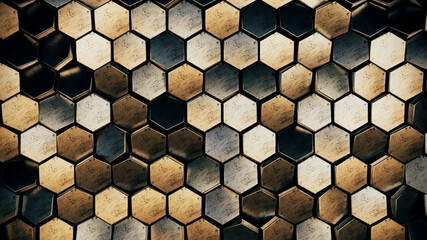 Scratched brown and grey metal hexagons honeycomb futuristic background, 3d render illustration