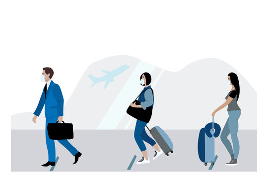 Covid-19 outbreak travel restrictions concept vector illustration. Line at the airport departure area, people staying socially distant. People wearing masks.
