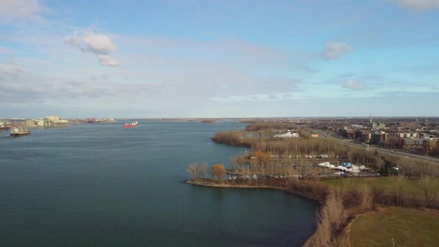Aerial view of boats crossing the st Lawrence river 