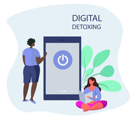 Digital Detox and Gadget Disconnecting.Characters Threw Phones in Trash.Man Turned off the Phone and Reading Newspaper or Book.Escape from Internet and Digital Media Addiction.Vector Illustration