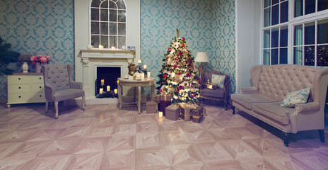 Luxury interior of living room with decorated Christmas tree and gifts on the wooden floor