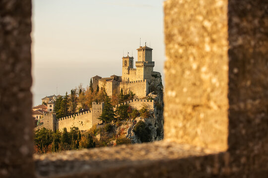 Republic of San Marino, Italy, UNESCO,view of the First tower of Guaita during sunset