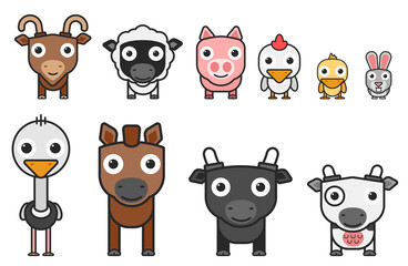 Cartoon farm animals set in flat style isolated on white background.Vector illustration of cute farm animals  cartoon set.