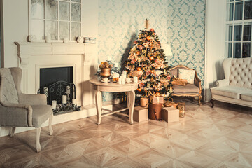 Luxury interior of living room with decorated Christmas tree and gifts on the wooden floor