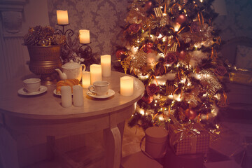Luxury interior of living room with decorated Christmas tree and gifts on the wooden floor
