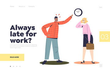 Always late for work landing page concept with businessman scolding businesswoman in morning