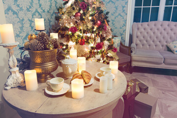 Luxury interior of living room with decorated Christmas tree and gifts on the wooden floor