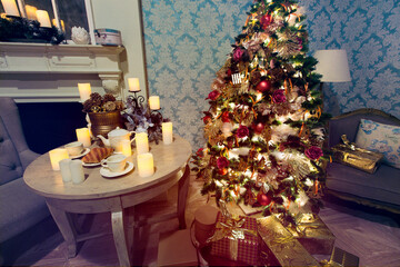 Luxury interior of living room with decorated Christmas tree and gifts on the wooden floor