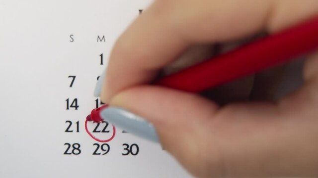 Female hand circle day in calendar date with a red marker. Business Basics Wall Calendar Planner and Organizer. June 22th