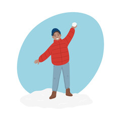 Black boy in warm winter comfortable clothes standing holding snowball in hand