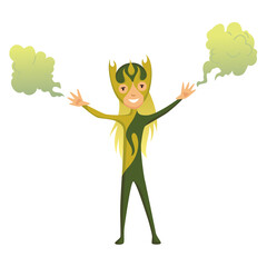 Cartoon superhero kid character. Joyful kid wearing super hero costume with mask and comic cloak for brave recreation. Isolated on white background