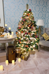 Luxury interior of living room with decorated Christmas tree and gifts on the wooden floor