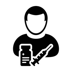 Vaccine icon vector with syringe male user person profile avatar symbol for medical and healthcare treatment in a glyph pictogram illustration