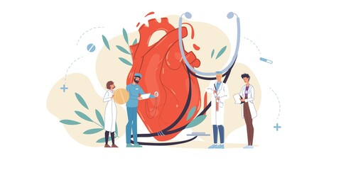 Cartoon flat doctor characters in uniforms,lab coats with medical devices and symbols-heart disease treatment and therapy concept