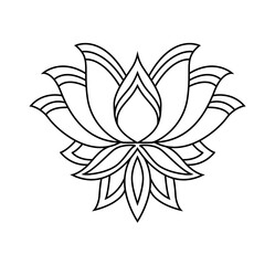 Lotus icon. Monochrome blooming flower. Hand drawn lotos flower illustration isolated on white background. Black linear petals of plant in coloring style