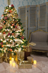 Luxury interior of living room with decorated Christmas tree and gifts on the wooden floor