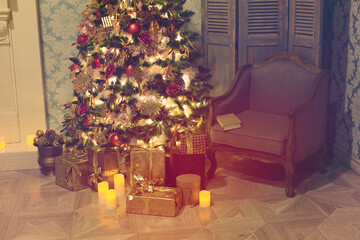 Luxury interior of living room with decorated Christmas tree and gifts on the wooden floor
