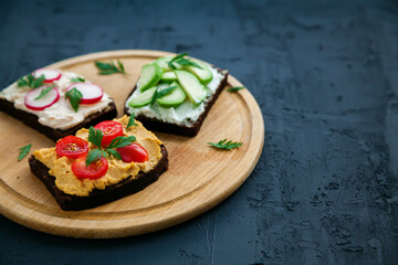 Healthy vegetarian rye bread open sandwiches