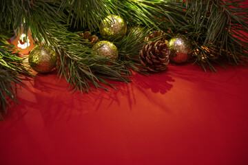 Christmas card template on a red background illuminated with christmas lights
