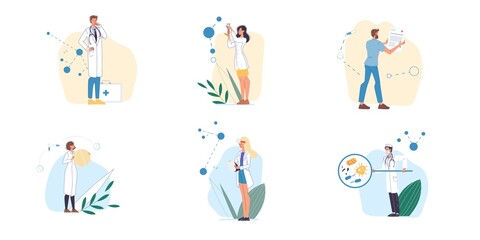 Set of cartoon flat doctor characters and nurses in uniform,laboratory coats with medical devices-medic team,various poses and persons