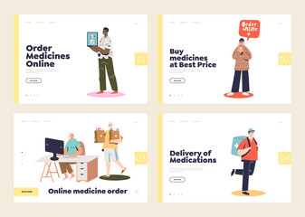 Online pharmacy store concept of set of landing pages with people buying medications in web