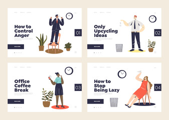 Landing pages with lazy or procrastinating office relaxed or stressful workers at workplace