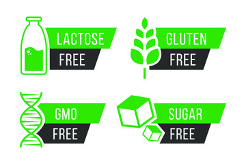 Set of vector icons of common allergens (gluten, lactose), GMO free and sugar free labels. Round stickers with food intolerance symbols for product packaging.