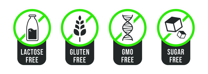 Set of vector icons of common allergens (gluten, lactose), GMO free and sugar free labels. Round stickers with food intolerance symbols for product packaging.
