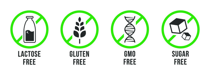 Set of vector icons of common allergens (gluten, lactose), GMO free and sugar free labels. Round stickers with food intolerance symbols for product packaging.