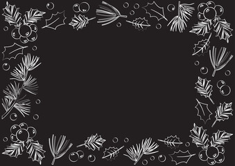 Vintage Christmas vector card frame, winter background. Holly berry, branches plants, leaves, holiday decoration. Nature illustration