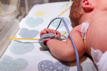 Premature baby hand with a premature infant pulse oximeter, selective focus. Newborn is placed in...