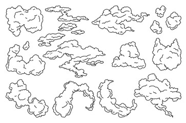 Hand drawn vector clouds set. Vintage retro sky design. Engraved sketch. Abstract doodle clouds. Line art on transparent background