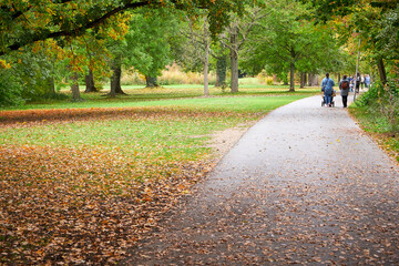 Park in Fürth Germany during autumn season.Unidentified people walking	