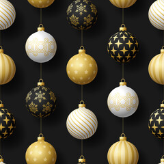 Realistic Christmas seamless pattern with gold, white and black tree ball. simple new year pattern Vector illustration